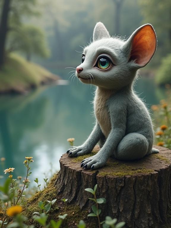 A gray storybook guardian with twinkling eyes sits on a tree stump. The female has stubby limbs covered in stitched fabric that creates a painterly look. The setting is a fantasy environment with a bright quality.