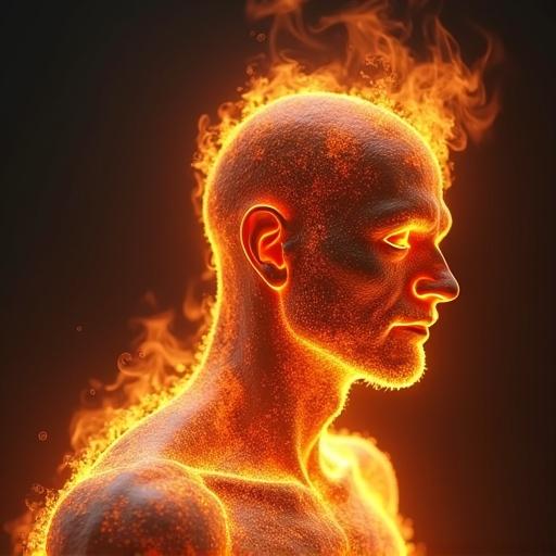 A man’s face rendered in fire simulation. Heat and flames surround the head. Extremely detailed and photorealistic depiction. Created using octane renderer.