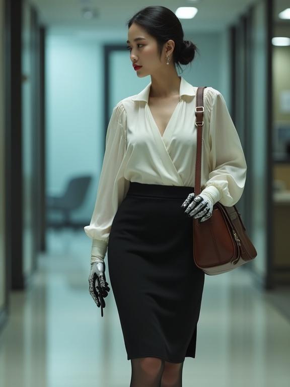 Full-body image of a mid-20s East Asian cyborg female spy. She wears a pearl-white wrap-around blouse and a black skirt. Jade-white legs in black pantyhose and low-block heels. Hair styled in a bun and lips painted red. A brown satchel slung over her while standing in an agency corridor. X-ray reveals her internal mechanical components.