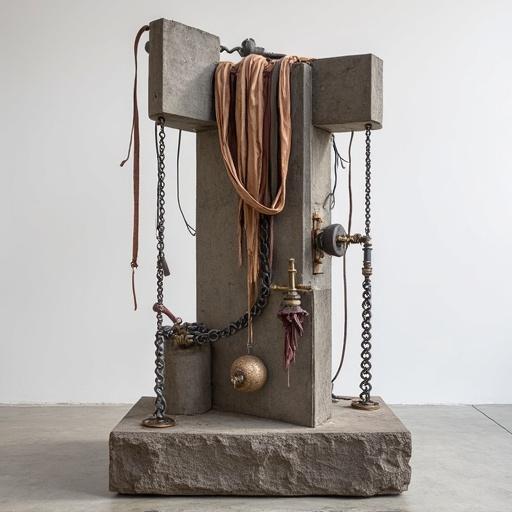 Eight-foot tall sculpture exploring restraint and sensuality. Curved polished steel intersects raw concrete. Hanging leather straps twist around oxidized chains. Translucent silicone suggests flesh. Antique medical restraints integrated with brass fixtures. Disturbing textures merge metal with organic materials. Deep crimson leather against industrial palette. Chaotic assemblage with frayed rope and tarnished mirrors. Layers of history in surfaces. Tension-filled organic forms. Set on irregular plinth with stained earth.