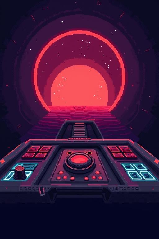 Pixel art game user interface with bright red and purple aura featuring a control panel like a spaceship
