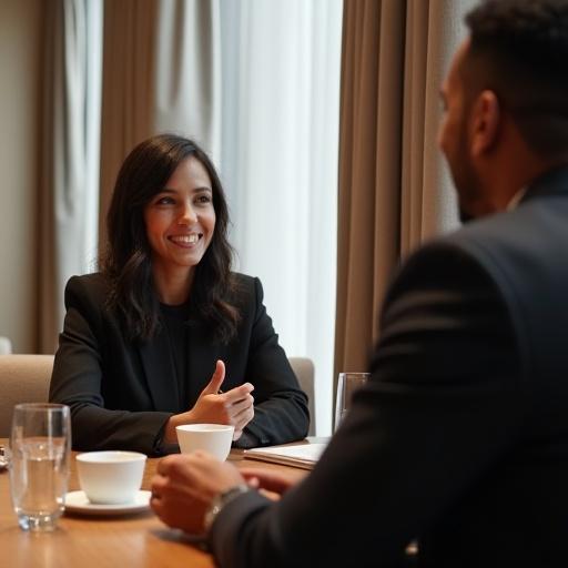 Woman sitting at a table in a hotel talking to a man. Warm atmosphere, casual yet professional setting. Both individuals are dressed in business attire, enjoying a conversation over coffee.