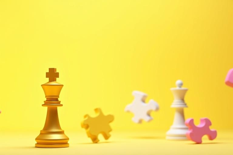 Scene with golden chess knight and colorful puzzle pieces on yellow background. Art style is flat vector with minimalistic design and clean lines.