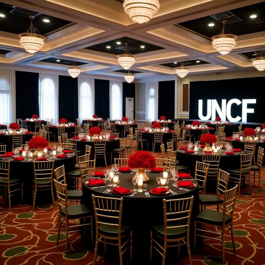 The image depicts a large, elegant banquet room decorated for an event hosted by UNCF. There are 50 round tables, each adorned with black table linens, red napkins, and stunning red rose centerpieces. The gold chiavari chairs add a touch of sophistication. Black and white photos of African American graduates are displayed on the black curtains, emphasizing the theme of education. A prominent stage features large, illuminated letters spelling out 'UNCF', standing five feet tall. The overall ambiance is warm and inviting, created by the elegant chandelier lighting.