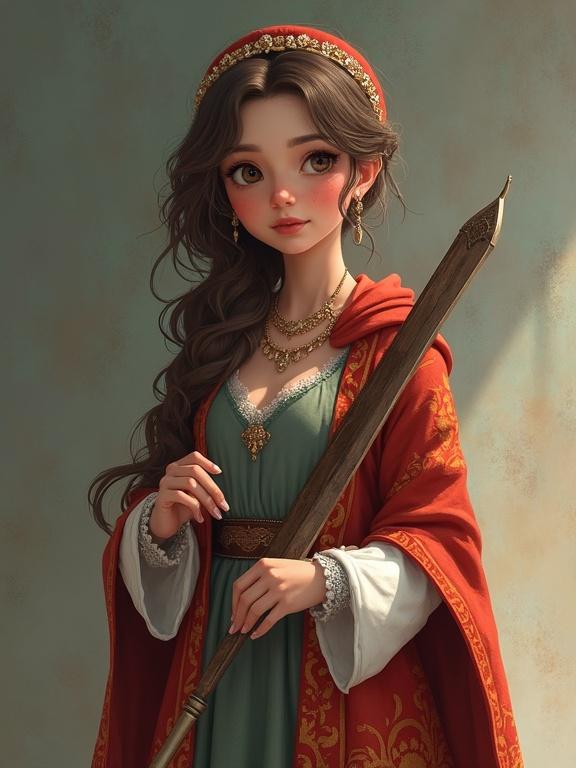 Character design featuring a young woman dressed in historical attire. She has long hair styled beautifully. Accessories include jewelry and a headpiece. Holding a decorative staff. Intense gaze with vibrant expression.