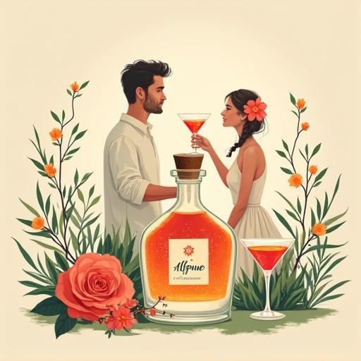 Minimalist screen printing artwork showing a couple toasting with cocktail glasses. The man and woman are in an orchard with flowers around. An apothecary bottle filled with shimmering elixir sits nearby. The bottle glows with golden-reddish light. The woman wears a dress and a flower in her hair. Simple and clean style with bold strokes against a beige background.