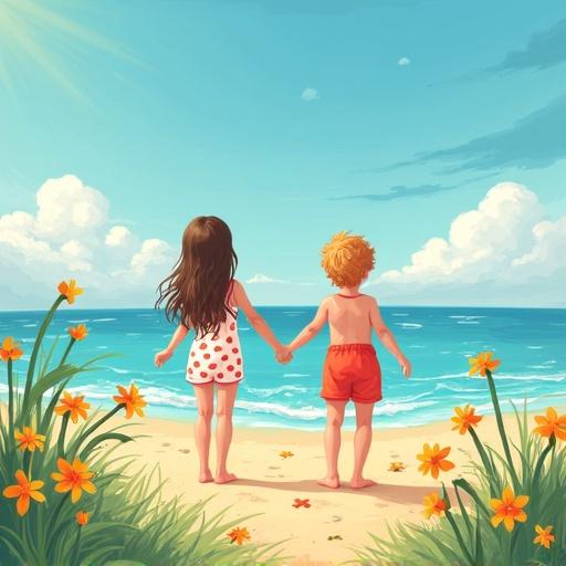 Image illustrating a summer scene featuring children on the beach. Two kids hold hands by the water. Bright sun shines with fluffy clouds in a blue sky. Yellow flowers grow on sand.