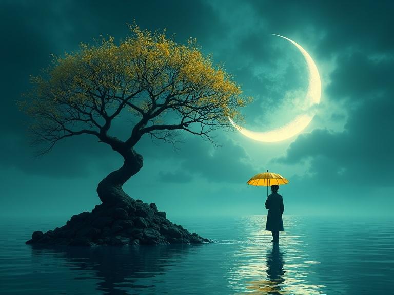 Surreal night scene features glowing crescent moon illuminating a mystical background. Twisted, leafless tree with golden-yellow blossoms stands on a rocky island. A lone figure in dark overcoat holds a yellow umbrella, standing in calm water. Moonlight creates vivid backlighting, long shadows, and shimmering reflections. Atmosphere is tranquil, moody, dreamlike with soft teal and blue tones. Ultra-realistic detailing reminiscent of magical realism.