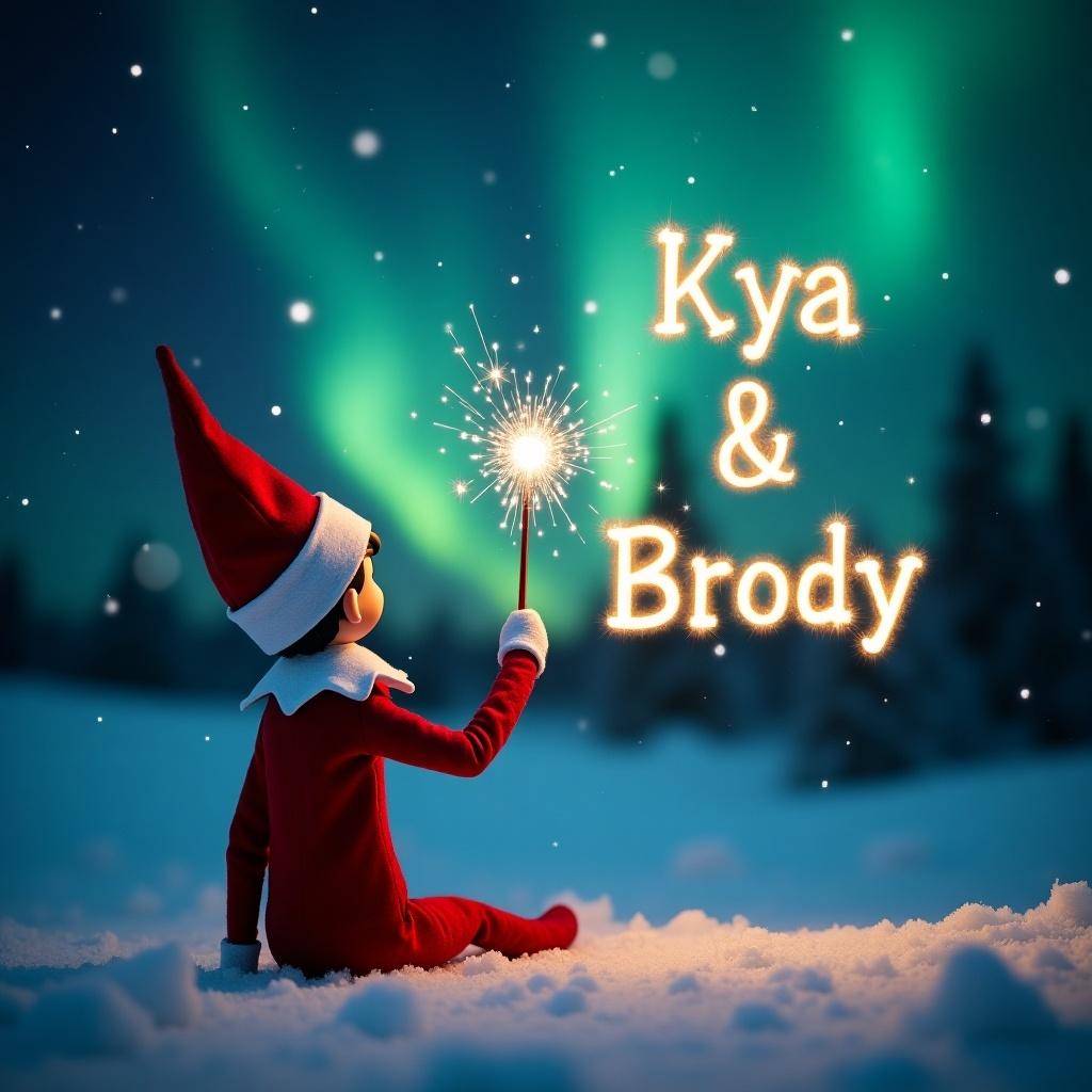 This image showcases an elf on the shelf positioned with its back to the viewer. The elf, dressed in a traditional red outfit, is facing up towards a beautiful dark sky filled with vibrant northern lights. With a magic wand in hand, it is elegantly writing the names Kya and Brody in sparkling letters against the backdrop. The snowy ground adds a serene touch to the magical scene. The overall atmosphere is filled with wonder and holiday joy, perfect for capturing the essence of Christmas.