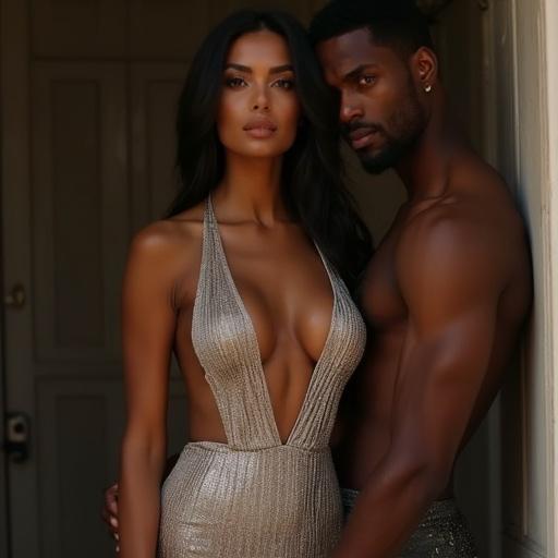A couple posing together in an elegant setting. The woman wears a silver dress. The mood is romantic and stylish. They show confidence and connection.