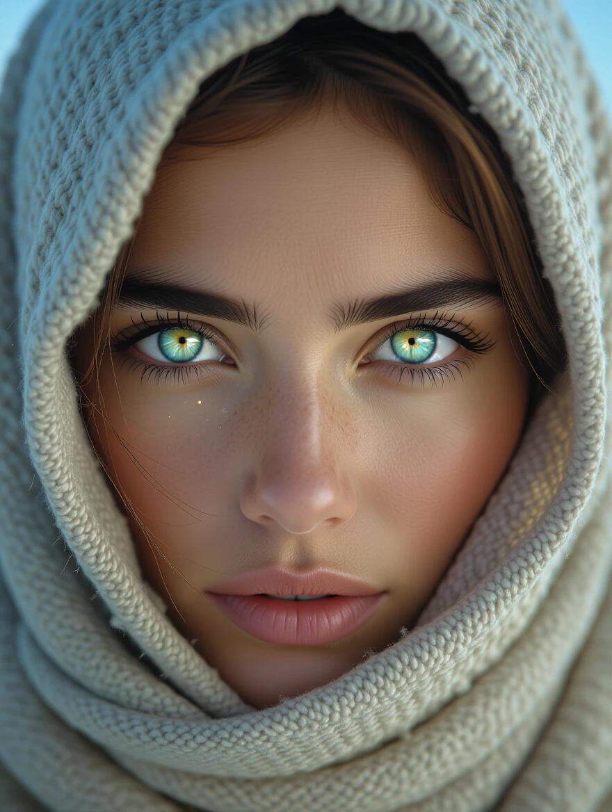 Close-up of a person's eyes. Eyes glowing softly. Intense and deep gaze. Slight reflection of stars in pupils. Emotional and mysterious atmosphere. Cinematic lighting.
