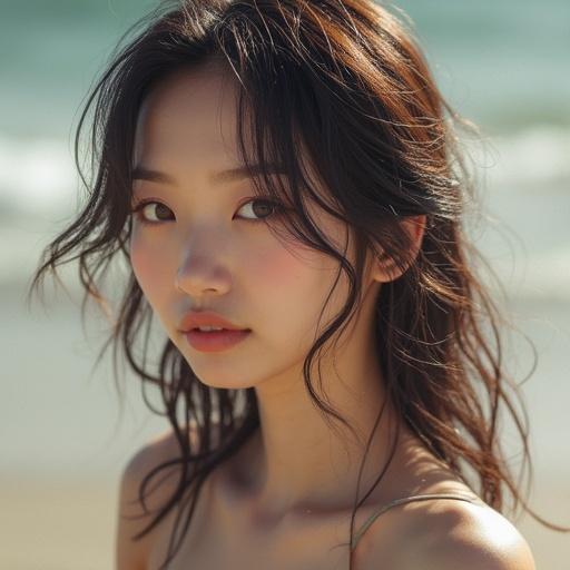 Beautiful 20 year old Japanese woman at the beach. Hair is flowing and soft, with a warm glow on her face.