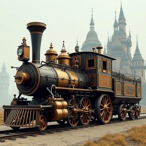 Creation of a steampunk vehicle resembling a steam locomotive on a truck chassis. Features large horizontal boiler design. Elevated driver's cabin with windows and other train-like structures. Smaller front wheels and massive rear wheels. Background presents Victorian or fantastic buildings with turrets and complex details. The overall scene is rich and fantastical.