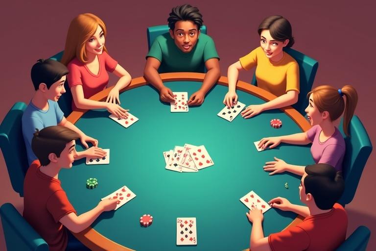Lively 2D scene features diverse individuals playing rummy around a table. Characters show strategic gestures and expressions. Table contains cards, marine-colored backs, and scorecards. Scene captured from above with soft lighting.