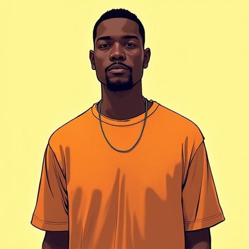 Digital illustration of a black male character in a bright orange t-shirt. Full body view, directly facing the camera. No background. Bright, even lighting illuminating the subject.
