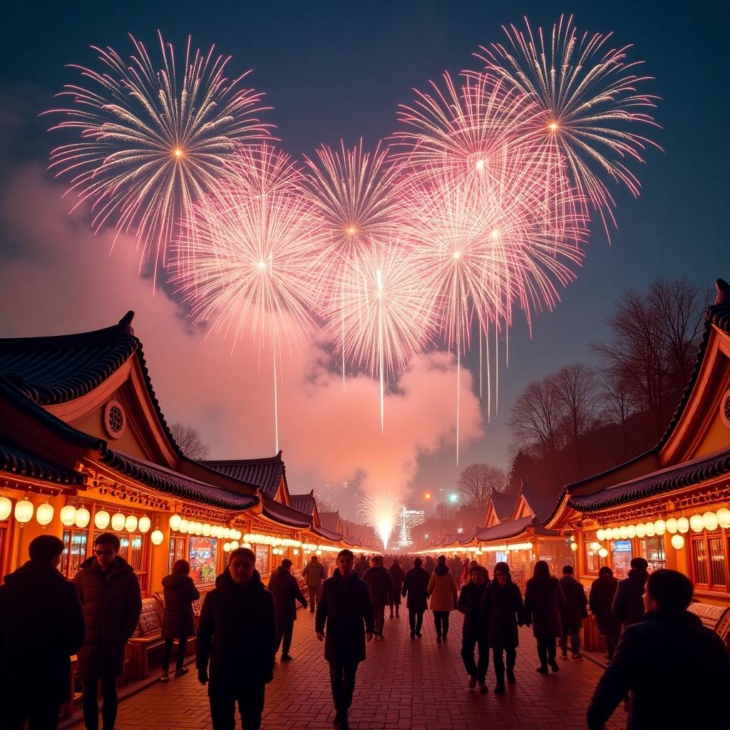 New Year's Eve celebration in Seoul features spectacular fireworks lighting up the night sky. Crowds gather in vibrant festival setting with traditional architecture. The atmosphere is festive and enthusiastic as people enjoy the event.