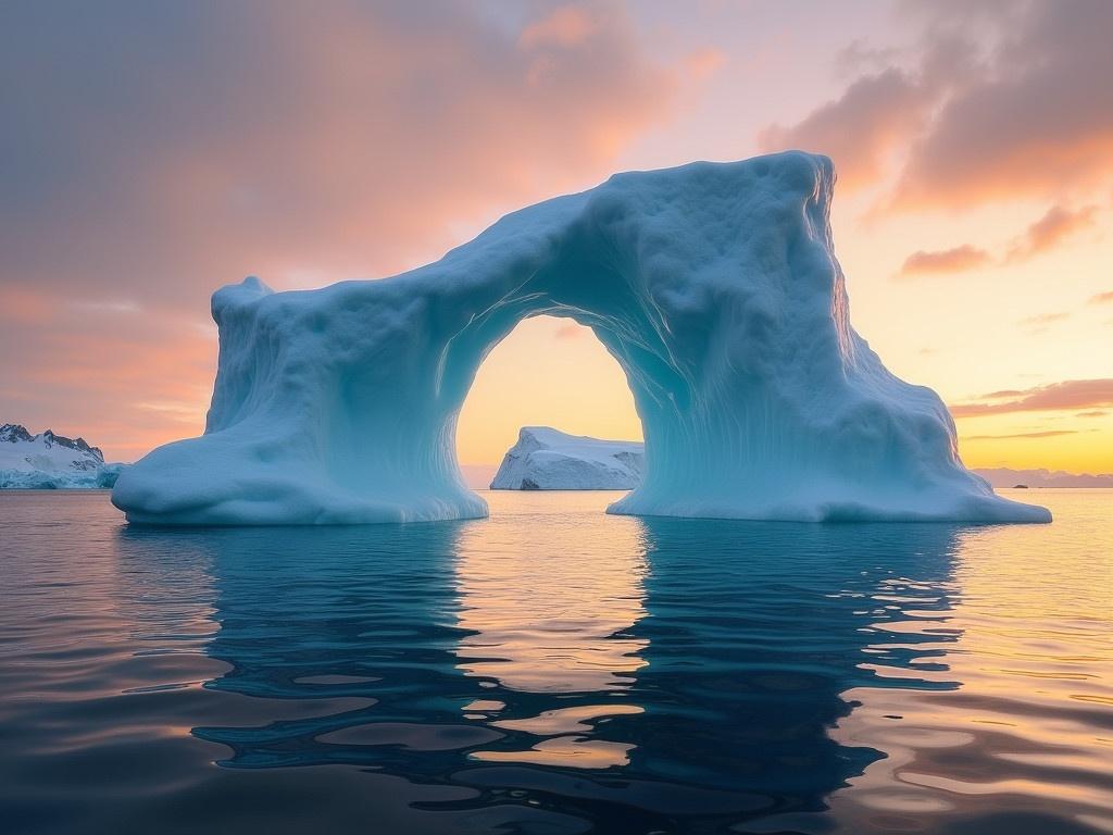 A majestic iceberg rises from the calm, reflective waters of the ocean. The iceberg has a unique arch shape, resembling a natural bridge. Above, the sky is painted with warm colors from the sunset, blending oranges, pinks, and purples. The sunlight casts a soft glow on the icy surface, highlighting its textures and details. Wispy clouds drift lazily across the horizon, contrasting with the solid ice formation. The serene setting creates a peaceful atmosphere, inviting observers to admire this stunning natural phenomenon.