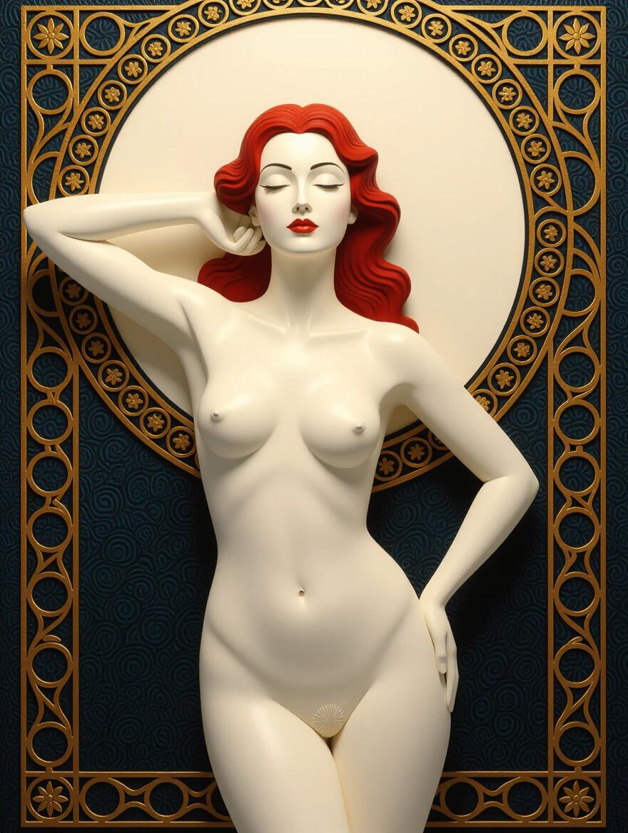 Stylized 3D representation of a woman in a nude pose. The background features intricate designs enhancing the figure. Color palette includes red, beige, gold, and dark blue with an emphasis on complementary colors.