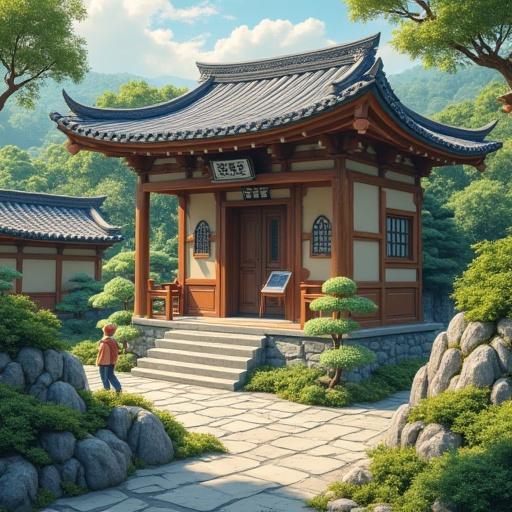 Imaginary scene with an ancient library shaped like a castle surrounded by a magical forest glowing with plants and mystical atmosphere. Air filled with magical particles.