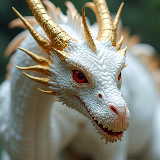 Create a dragon with white scales. It has golden claws and horns. The dragon has ruby-red eyes. The design looks realistic and belongs to the fantasy genre.