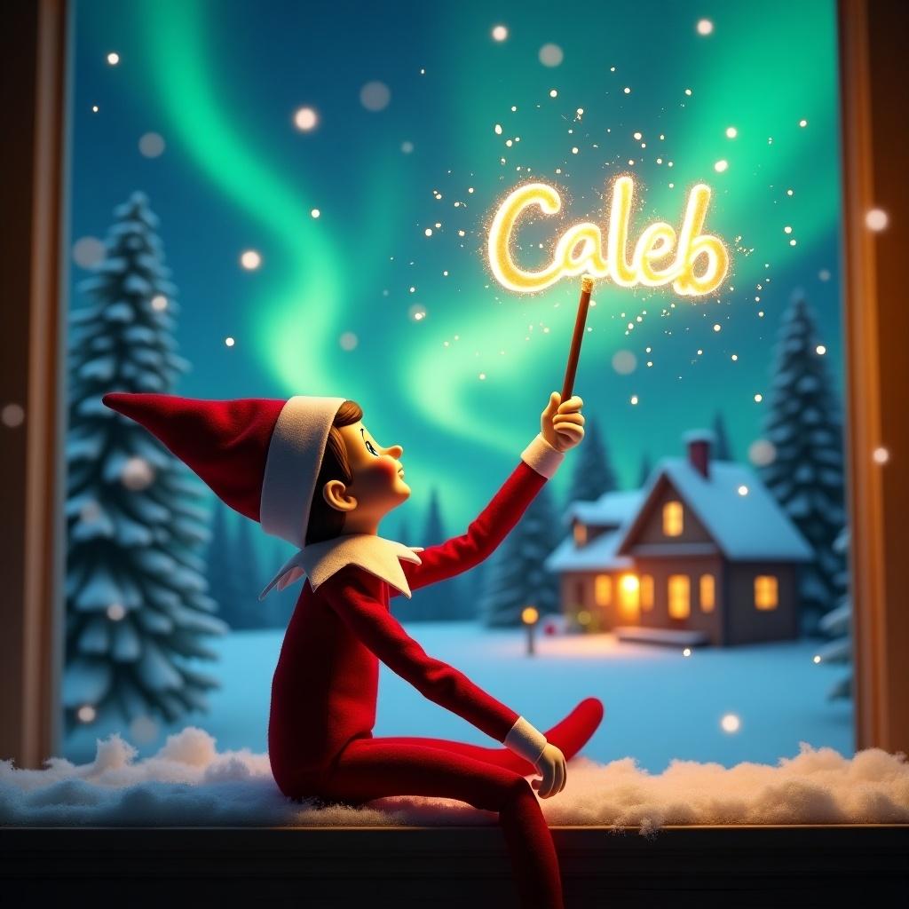 Elf on the shelf sits back to viewer. Gazes skyward holding glowing wand. Background shows Christmas scene with northern lights. Cozy house seen in distance. Snow covers ground. Elf embodies spirit of magic. Name 'Caleb' written in air with wand.