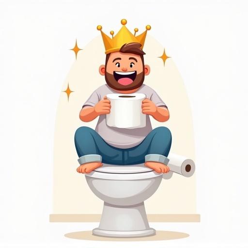 Modern logo design featuring a humorous character on a toilet throne. Character has a crown and is holding a roll of toilet paper. Focus on laughter and fun. Use minimal colors and clean lines. Simple background.