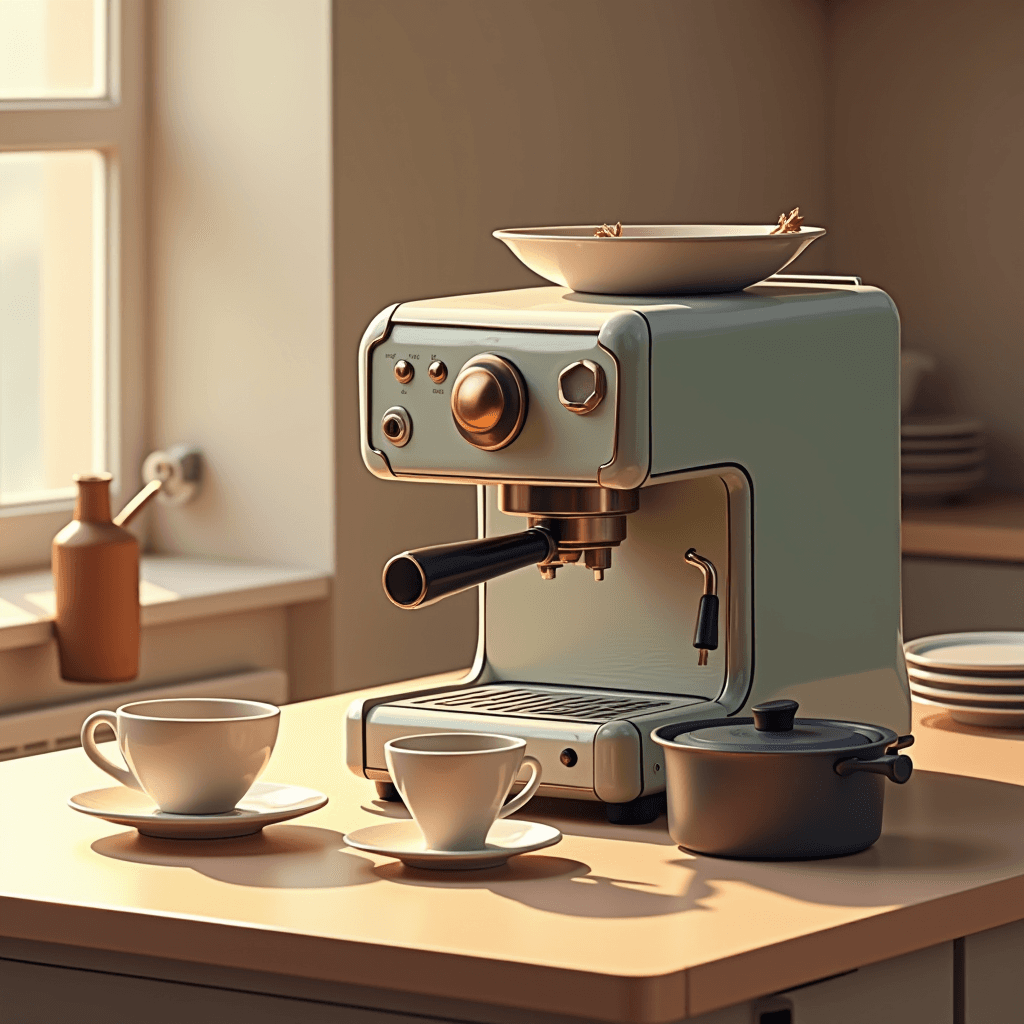 A vintage-style espresso machine with cups and a pot in a sunlit kitchen.