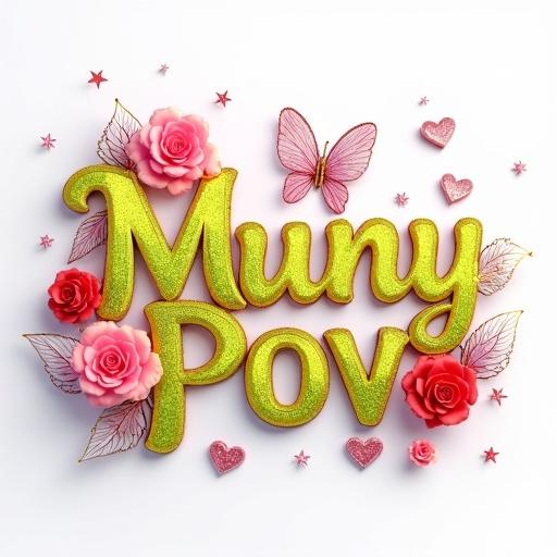 3D render of the name Muny Pov in flowing calligraphic style. Shimmering gradient colors with vibrant yellow lush green playful pink silver glitter. Floral patterns heart motifs embedded in design. Iridescent fairy wings around name. Scattering of miniature red roses and radiant pink silver stars surrounding. Whimsical arrangement on clean white background. Soft diffused studio lighting enhancing details.