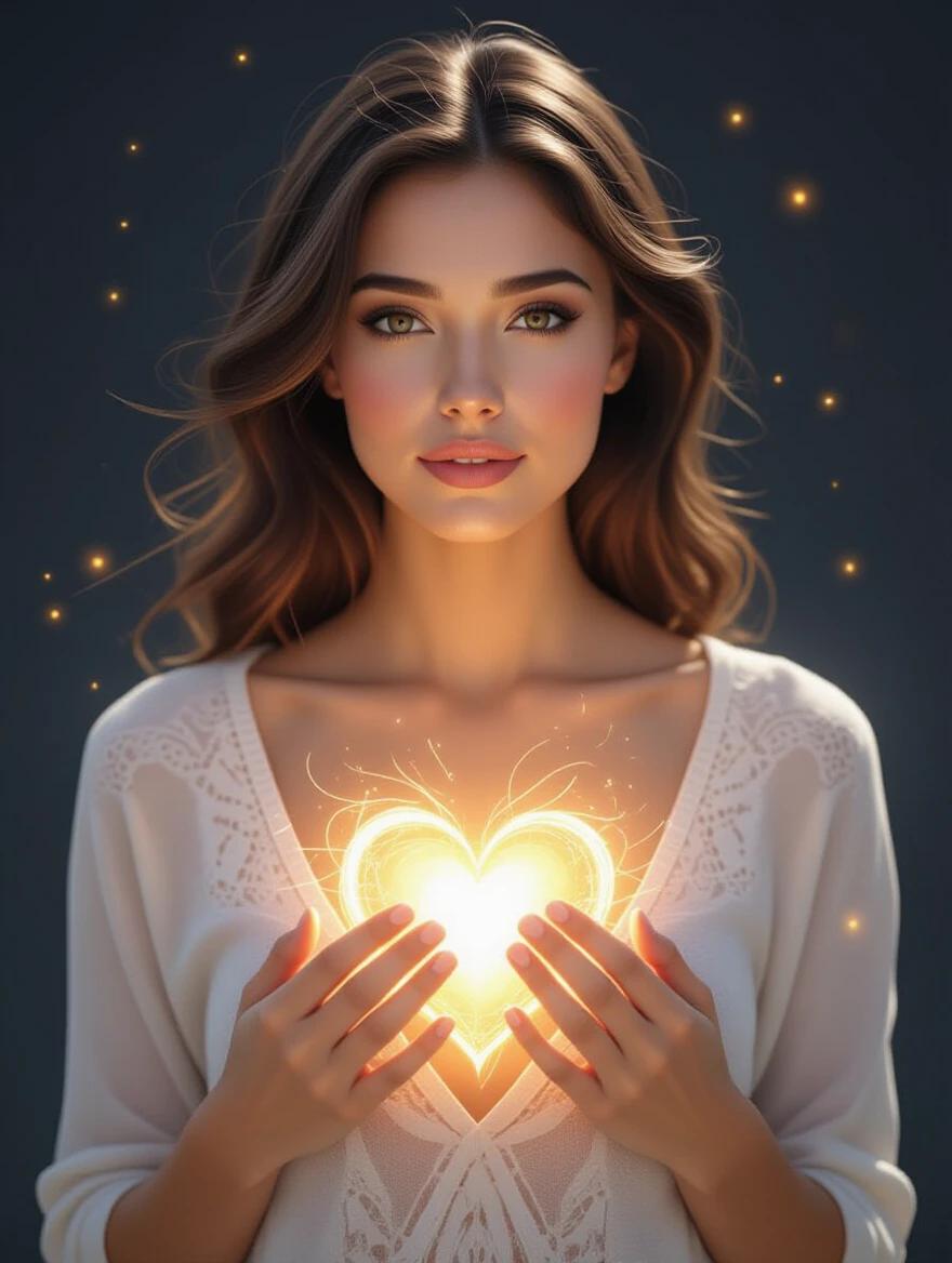 A woman holds a glowing heart in her hands. The heart emits a soft, bright light. Hair cascades softly around her shoulders. She wears a delicate white garment. A calm and serene atmosphere surrounds her. Soft sparkles float in the air around the glowing heart.