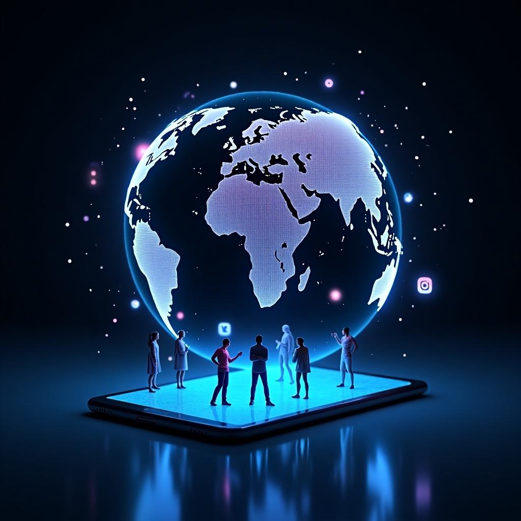 Digital representation of Earth with glowing lines and dots. Showcase of modern connectivity and technology. Stylized people interacting through a smartphone in a dark background. Neon blue continents against subtle pink and purple elements.