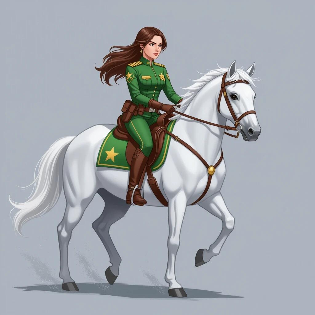 A female sheriff depicted in ink style. The sheriff rides a white horse. The background is flat grey. The sheriff wears a green uniform with a star. The horse has a strong build. The artwork emphasizes action and character.