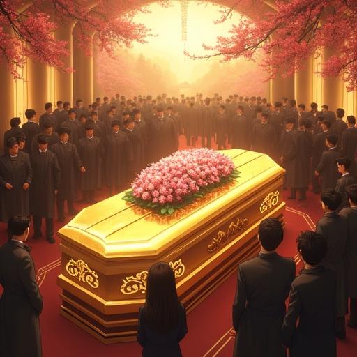 Anime scene set in 2067 depicting a modern and high-tech funeral home. A golden lotus-shaped casket is prominently displayed with flowers. The backdrop features a Cherry Blossom city on 1st Avenue. Morning light casts a serene ambiance as many people gather in mourning for the queen of the Kanji Kingdom.