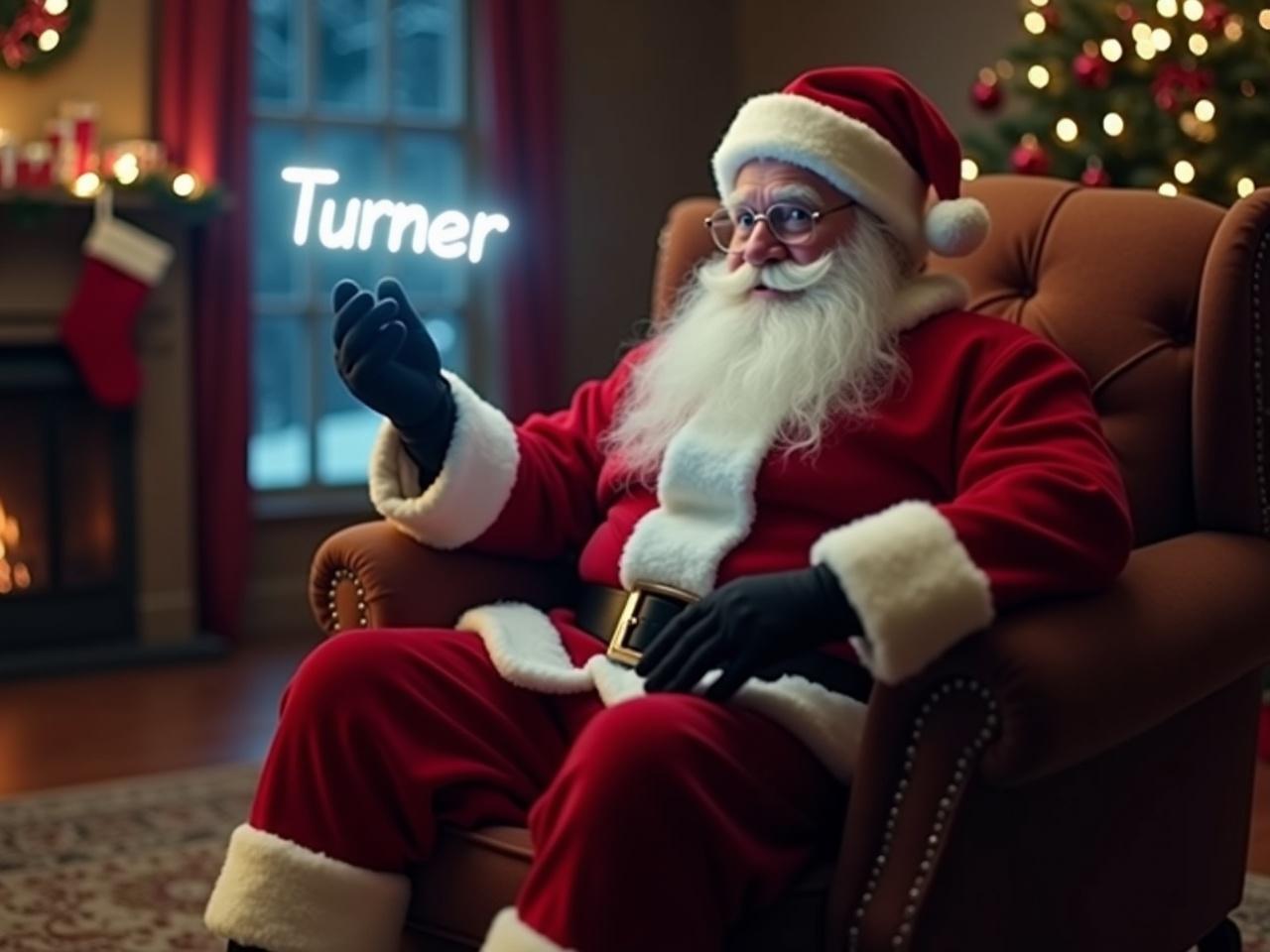 In a cozy Christmas setting, a magical Santa is seated in an armchair. He is wearing his classic red suit with white fur trim and black gloves. The room is softly illuminated by the glow of a fireplace, and snow is gently falling outside the window. In his hands, Santa is holding a glow stick, and he is writing the name 'Turner' in midair. The atmosphere is festive, with Christmas stockings hanging on the mantle and twinkling lights in the background.