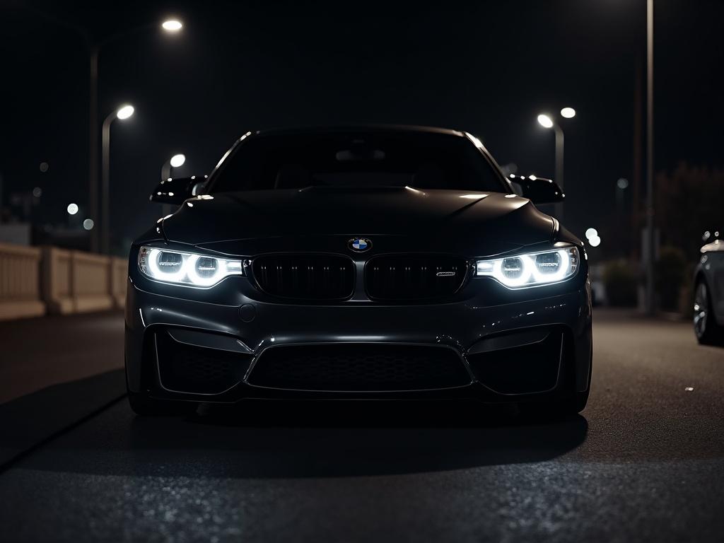 Black BMW car illuminated by street lights at night. Low-angle view highlighting the headlights and sleek design. Urban setting with ambient street lighting in a nighttime atmosphere.