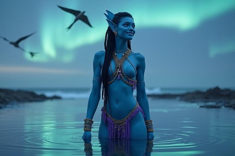 A tall Na'vi female with smooth blue skin. Bioluminescent stripes glow under soft light. She stands in a tide pool. Her hair is long and braided with natural beads. She smiles gently and wears a netted chest covering and purple loincloth. The sky is full of auroras and winged creatures glide above.