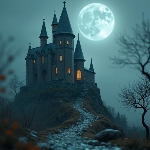 Diorama of a ghosted castle in a smartphone proportion. A dark medieval castle on a hill under a full moon. The castle has pointed towers and glowing windows. A winding path leads to the castle. Surrounding trees are shadowy and bare.