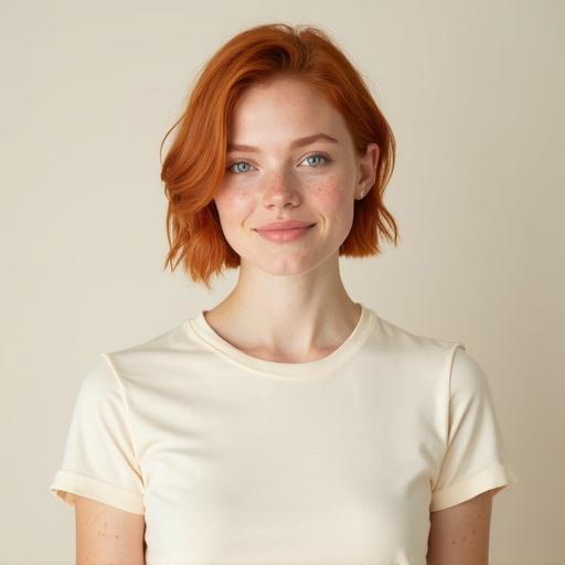High resolution portrait of a woman with red hair in a cream t-shirt. The image frames her head and chest. She has a happy smile, blue eyes, and subtle freckles. Soft lighting highlights her features against a solid background. Clean and minimalistic look.