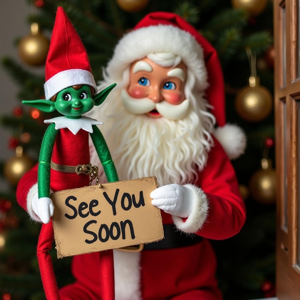 Santa holding a green elf with a sign that says see you soon Savannah and Rachel