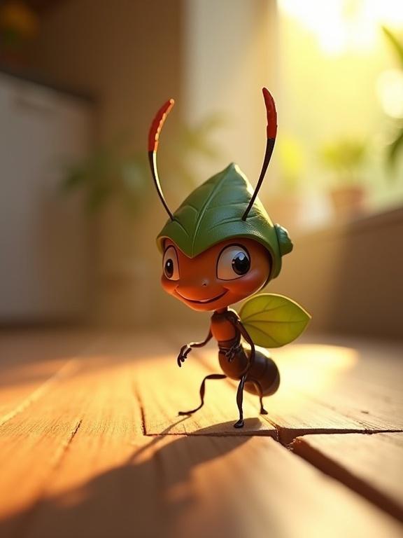 A 3D cartoon ant stands heroically at the edge of a wooden floor crack. The ant wears a leaf helmet. Morning light shines from the kitchen, creating a warm atmosphere.
