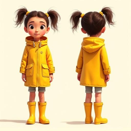 Character design sheet for a young girl named Lily with big brown eyes. She has messy brown pigtails and wears a bright yellow raincoat with matching boots. The style is a realistic Pixar character.