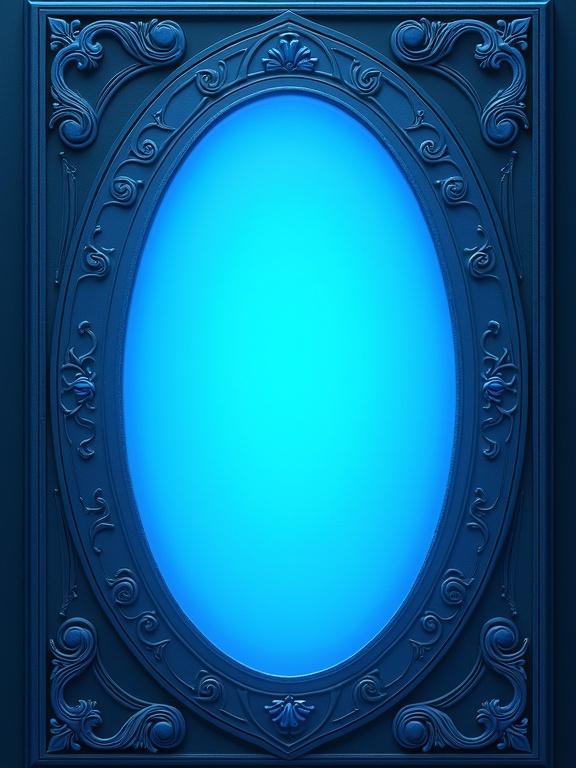 Fantasy card back design for a game featuring a glowing blue oval with intricate dark blue frame. No text. Adventurous and whimsical style. Symmetrical design.