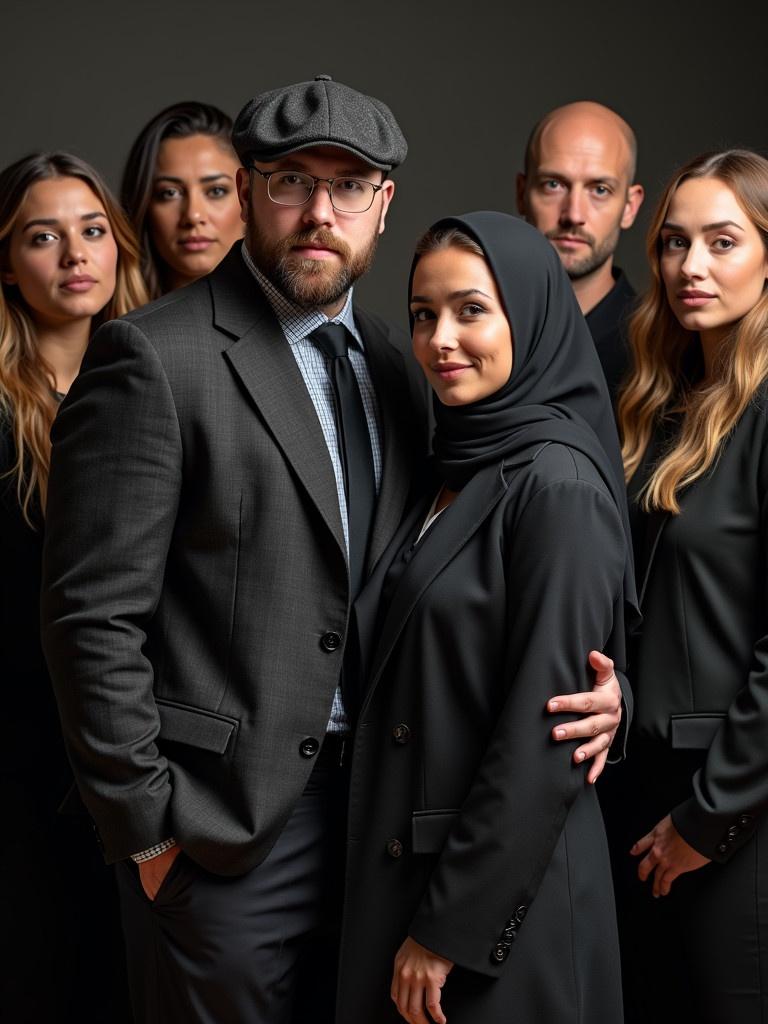 Image of a mafia group featuring a husband and wife duo with group members in a stylish studio setting. The husband is heavyset in a newsboy hat. The wife wears a beautiful hijab. Six members include a bespectacled genius, bald thinker, and a handsome reckless member. Women include adventurous beauty and talkative makeup lover.