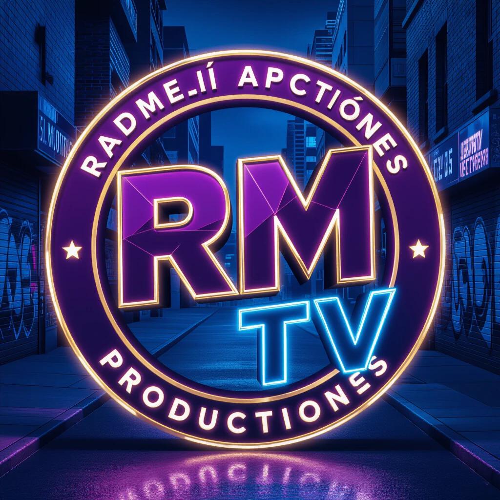 Epic image design for 'Radmeli Producciones' circular logo. Urban cinematic aesthetic with tech elements. Center has bold 3D letters 'RM' in bright purple with illuminated edges. Include 'tv' in electric blue at bottom right, slightly tilted with glow. Surrounding text 'Radmeli Producciones' in vibrant orange 4D font forming an arc. Dark tech urban background with night sky or subtle buildings. Floating luminous particles enhance mystical effect. Cinematic side lighting with reflections and dramatic shadows for visual impact.