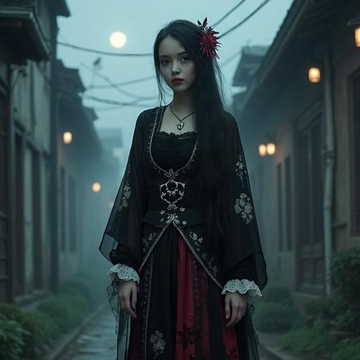 A beautiful ghostly girl inspired by Persephone wears a gothic lolita and traditional Japanese fusion outfit. Features include a black lace blouse with white lace trims, sheer kimono-style jacket with cherry blossom patterns, layered gothic skirt with silver butterflies, lace-up Victorian boots, and a red string of fate tied around wrist. Long black hair adorned with dark pomegranate flowers and black lace butterflies. She stands in a misty alley under a streetlamp at night.
