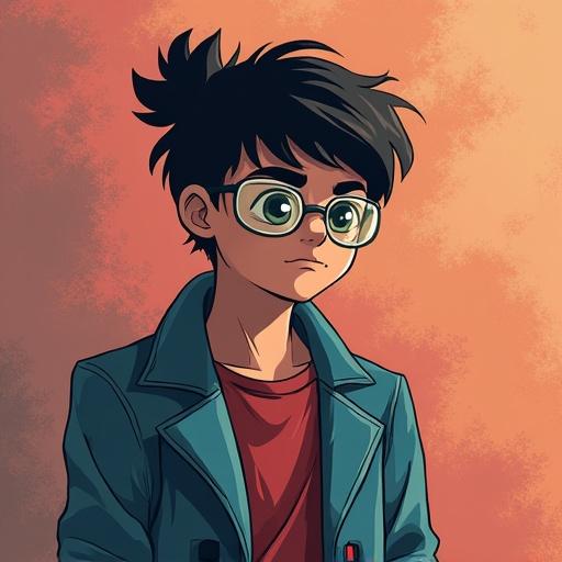 Young male character with messy hair and glasses in a casual outfit. The character appears thoughtful or melancholic. The background is a gradient from light to darker orange hues.