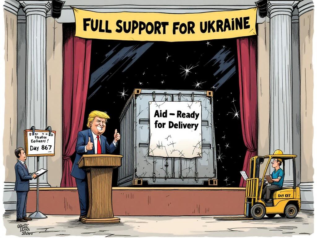 A satirical cartoon showing a politician resembling Donald Trump at a podium in a press room. A banner stating 'Full Support for Ukraine' is above. Behind him, a dusty shipping container labeled 'Aid - Ready for Delivery' is visible. A forklift operator stands beside it looking confused. A calendar reads 'Day 867'