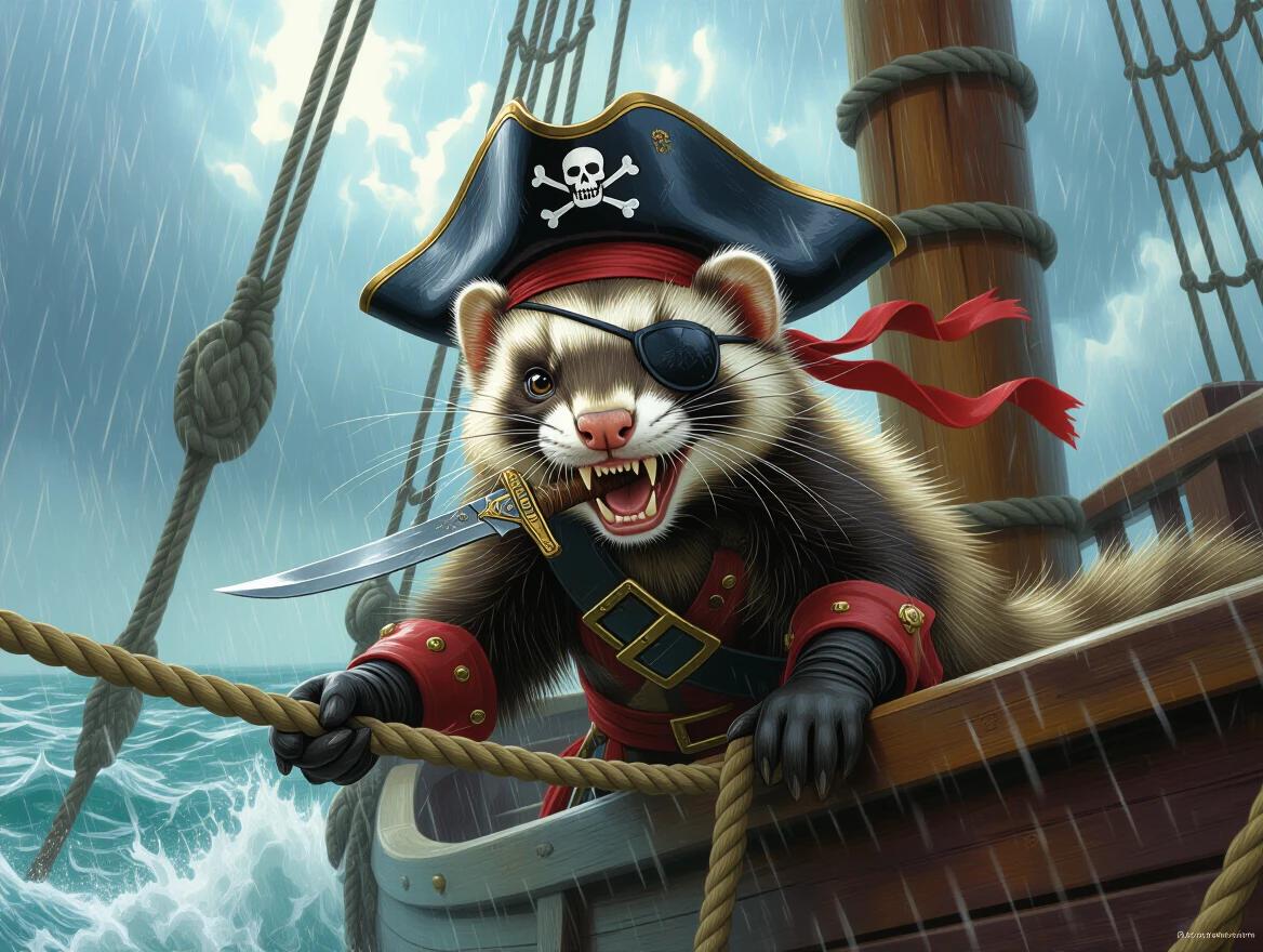 Fierce ferret with pirate attire stands on a ship. The ferret wears a pirate cap and eye patch. A dagger is clutched in its teeth. The ferret swings on a rope. The ship sails through a storm with heavy rain. The scene has vibrant colors and dramatic lighting.