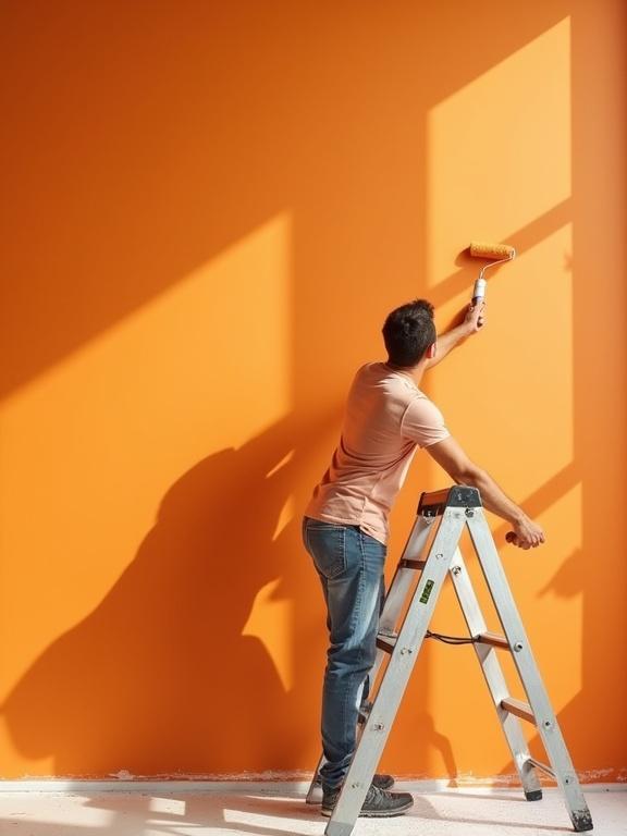 Male painter applies orange paint with roller brush on wall while on stepladder. Bright sunlight creates shadow on wall. Focus on painting task in residential space.