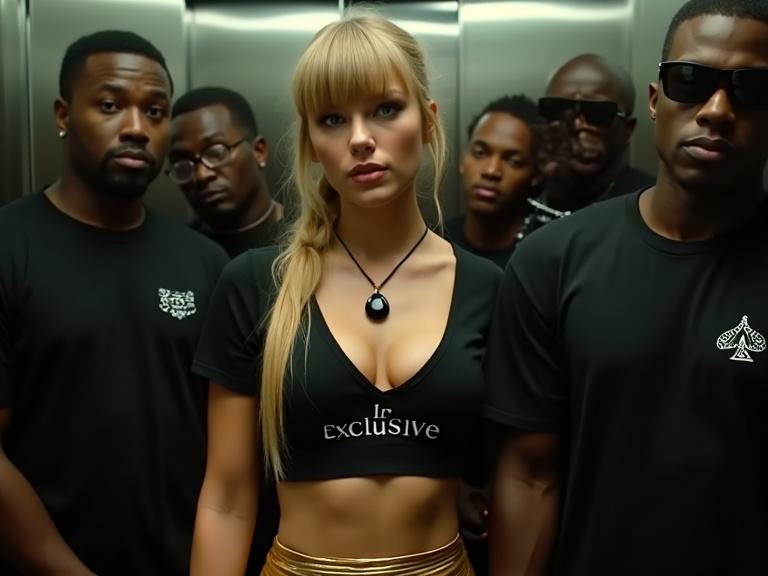 Attractive blonde woman with long pigtails and blue eyes in an elevator. Dressed in a tight black bodycon top with 'IR Exclusive' printed. Wearing a short gold miniskirt and high heels. Surrounded by several individuals in black shirts. Smiling and posing as if for selfies. Represents a vibrant music video scene.