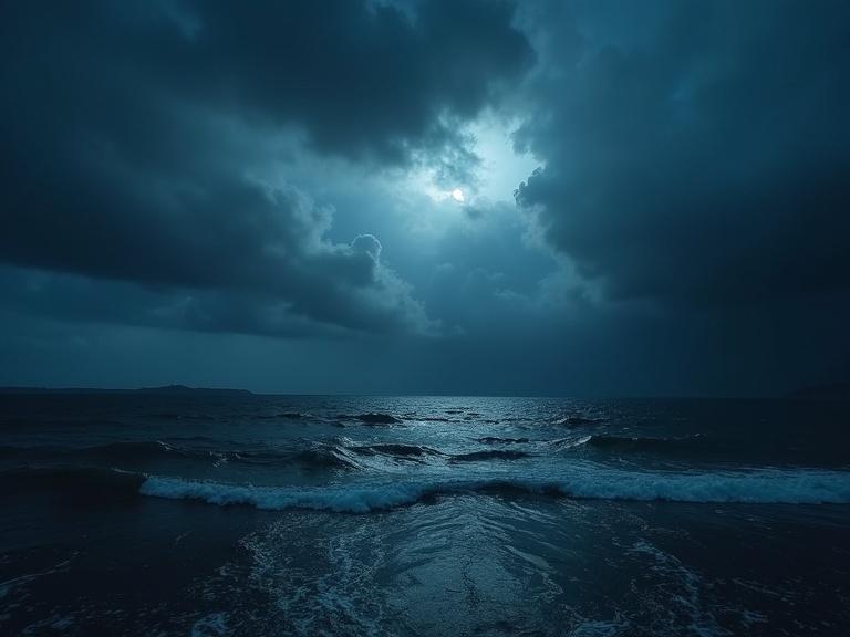 Panoramic view of a dark threatening sea at nightfall with waves and dramatic sky.